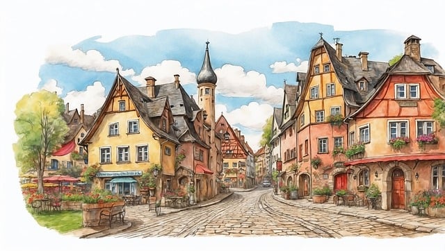 Free half-timbered buildings watercolor painting european street illustration
