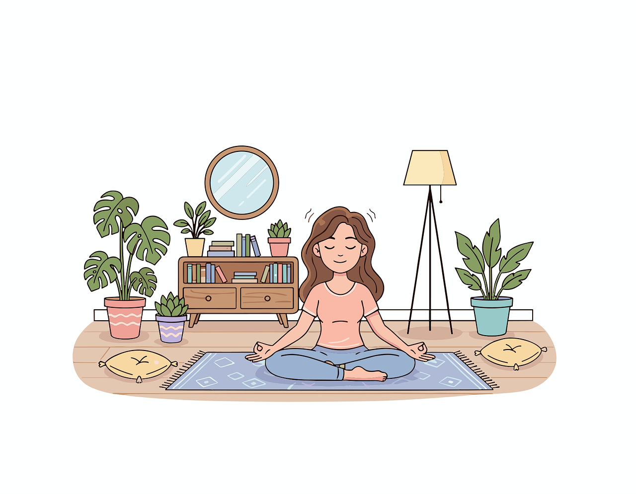 woman meditating indoors, cartoon style clip art preview