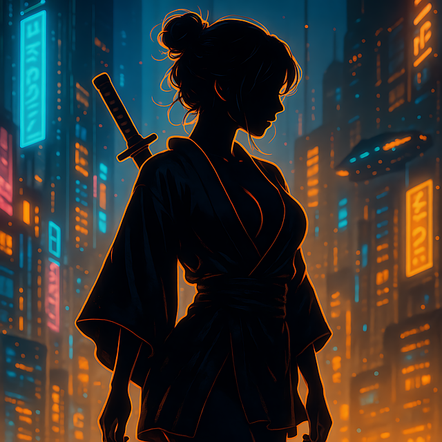 Free cyberpunk samurai neon city warrior futuristic female silhouette illustration