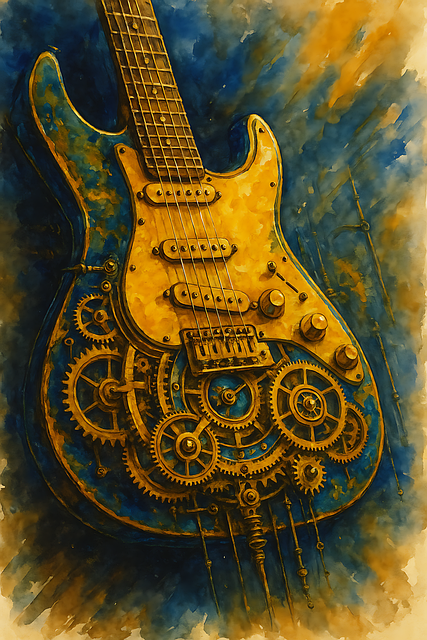 Free steampunk guitar fantasy guitar art mechanical guitar illustration