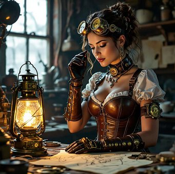 Steampunk, Žena, Fantazie, Lucerna