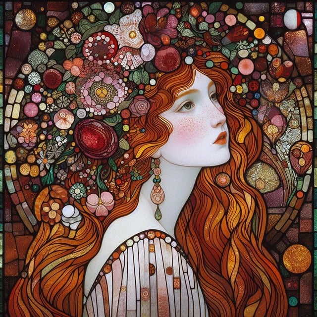 Free gustav klimt style redhead girl flower crown illustration