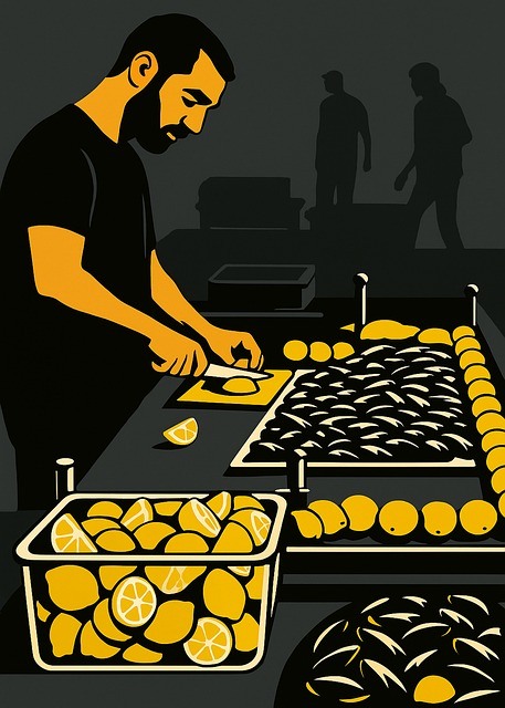 Free black mussels yellow lemons street food illustration