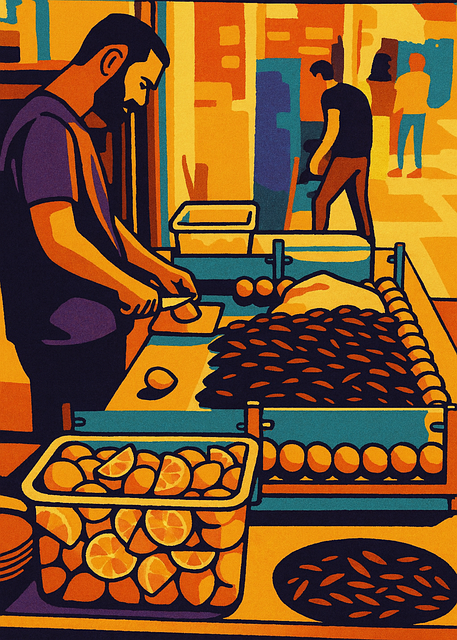 Free black mussels yellow lemons street food illustration