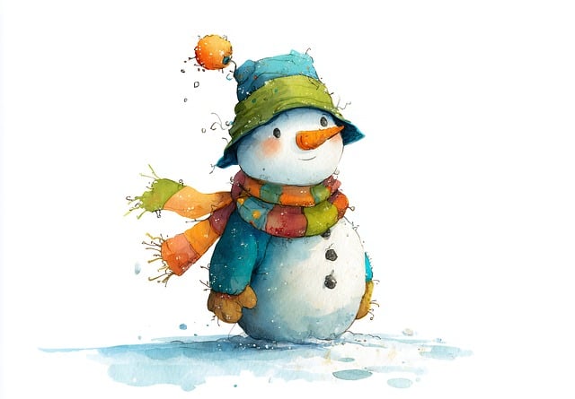 Schneemann, Natur, Aquarell, Winter, Hut
