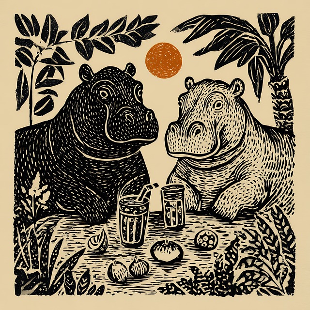 Free linocut woodcut hippo illustration