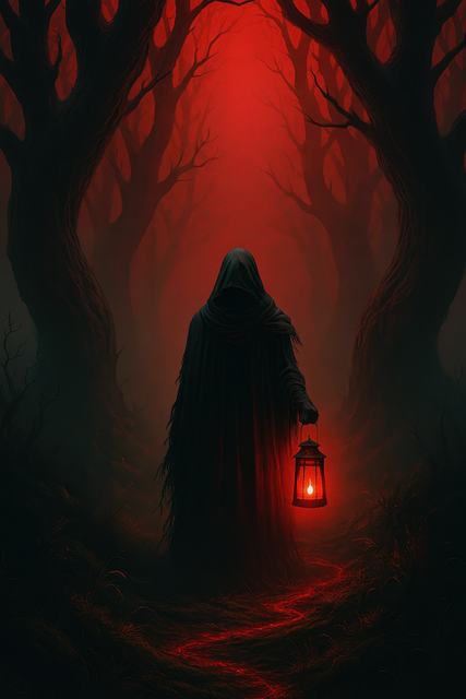 Free dark woods hooded figure red lantern illustration