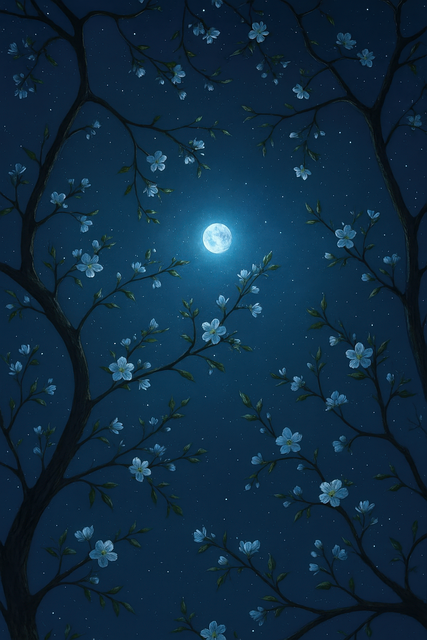 Free moonlit night cherry blossom starry sky illustration