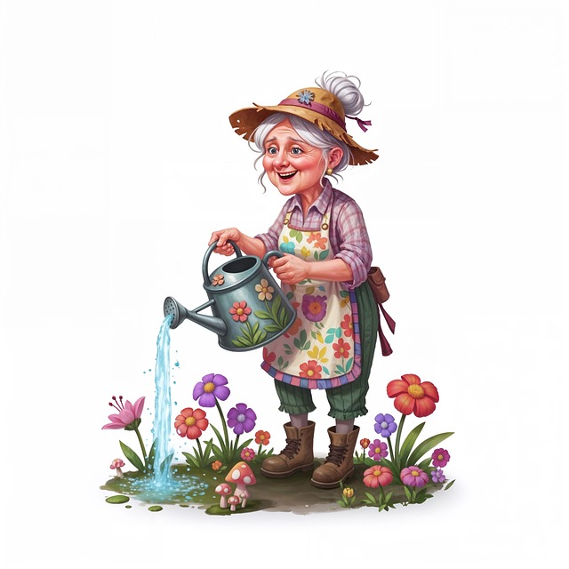 Free gardener cheerful watering can illustration