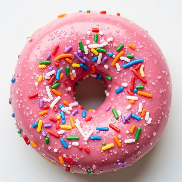 Free soft round donut glossy pink icing rainbow sprinkles illustration