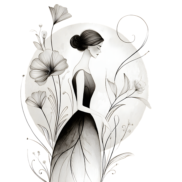 Free elegant woman monochrome illustration floral art illustration