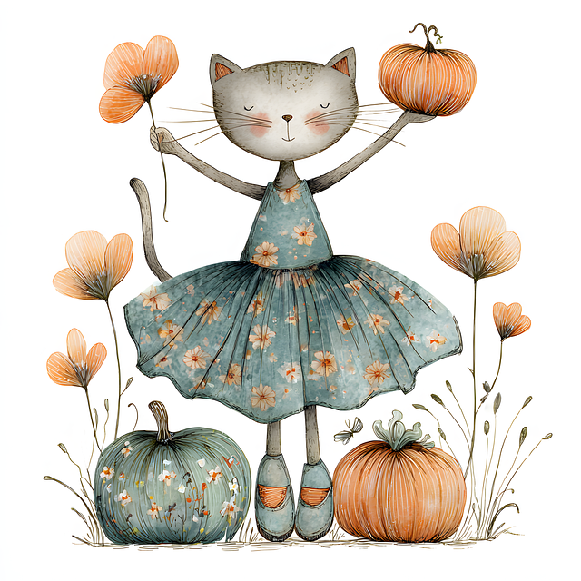 Free whimsical cat autumn illustration cute character illustration