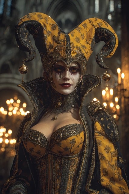 Free gothic jester queen dark harlequin woman fantasy carnival costume illustration