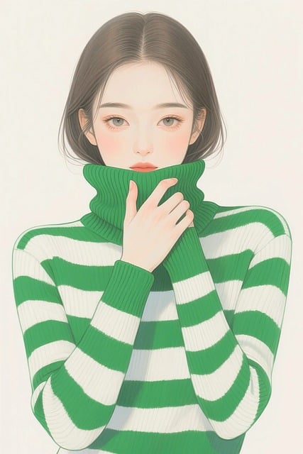 Free fashion portrait green stripes turtleneck sweater illustration