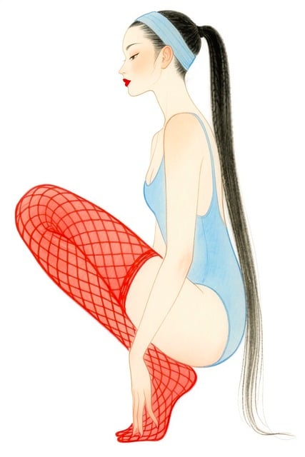 Free fashion illustration blue leotard red fishnet tights illustration