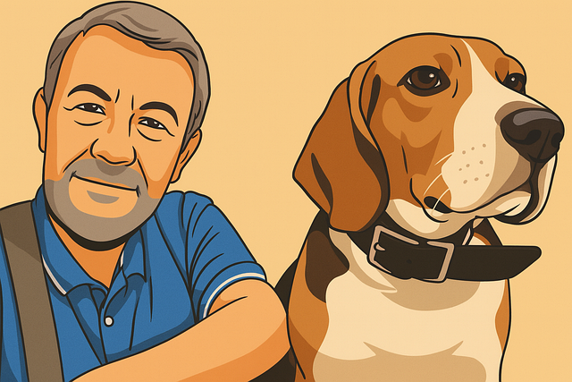 Free man and dog beagle friendship illustration