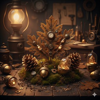 Steampunk, Outono, Folha, Relógio