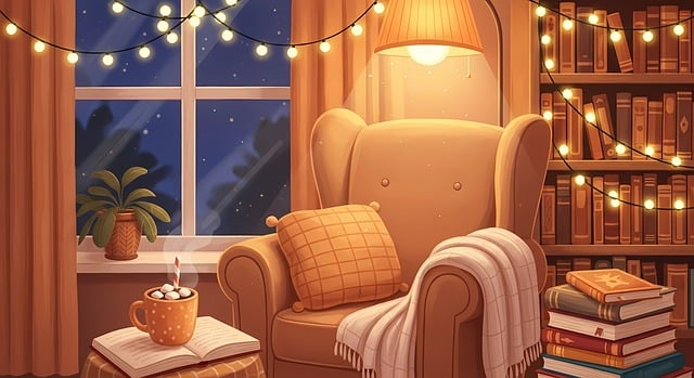 Free cozy night books hot chocolate illustration