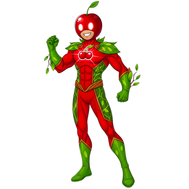 Free cherry superhero fruit-headed hero red and green costume illustration