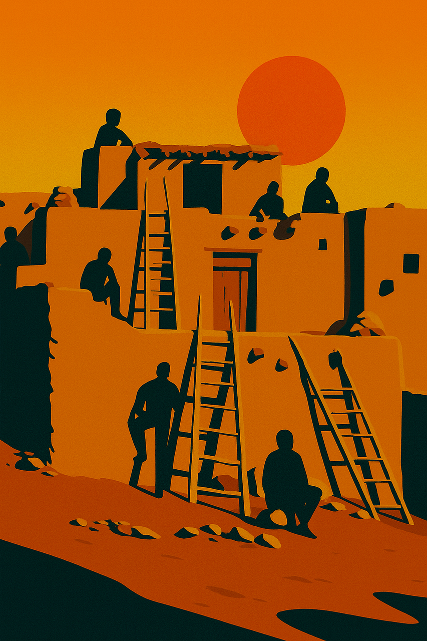 Free pueblo adobe architecture desert sunset illustration