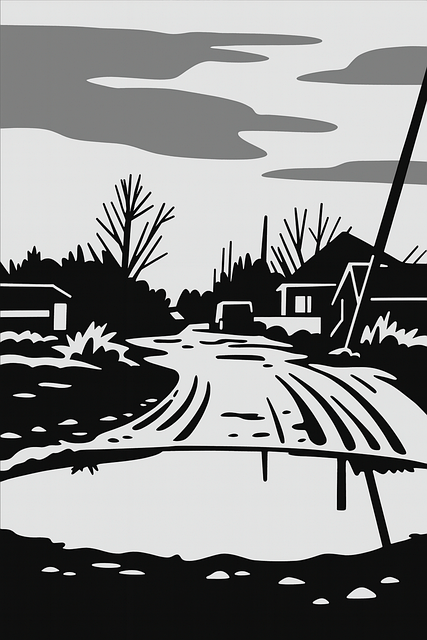Free black and white comic style country road illustration