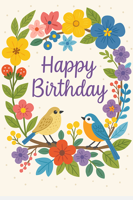 Free floral wreath birthday card pastel flowers cute birds illustration