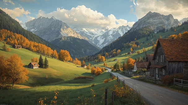 Free Village In Mountains Green Meadow illustration and picture