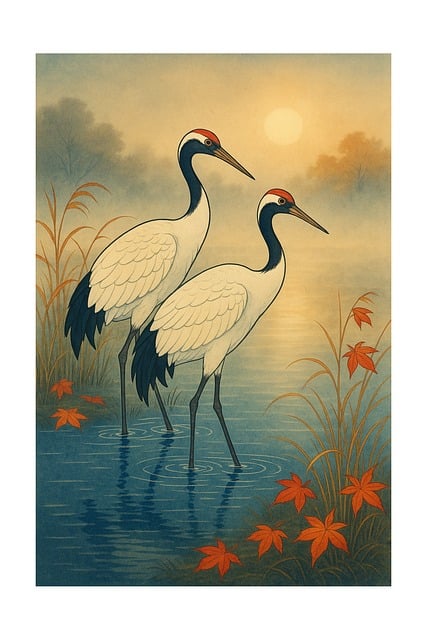 Free cranes autumn sunrise illustration