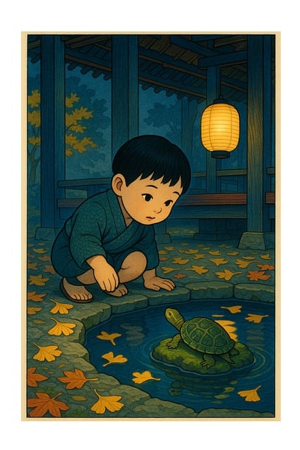 Free boy turtle pond illustration