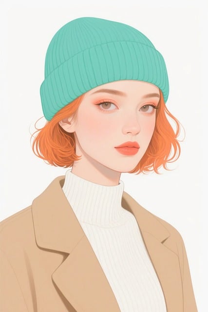 Free fashion portrait teal beanie knit hat illustration