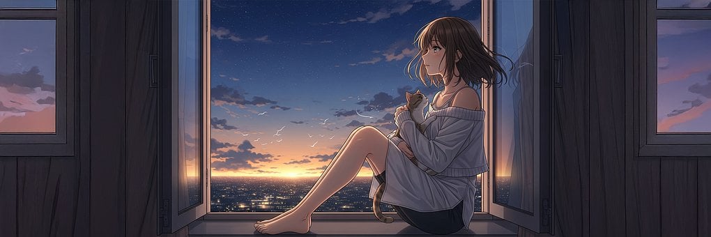 Anime, Lofi, Cozy, Zonsondergang, Avond