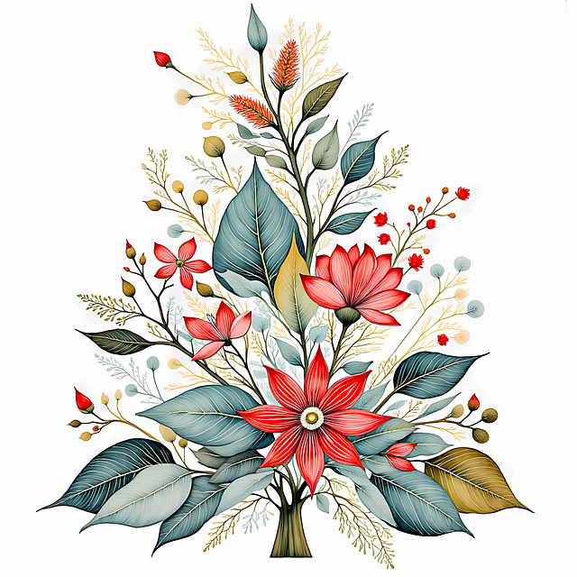 Free christmas floral tree holiday botanical art red poinsettia flowers illustration