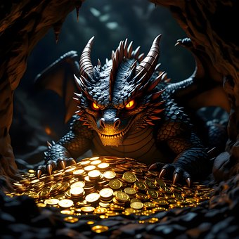 Fantasie, Schwarzer Drache, Gold, Höhle