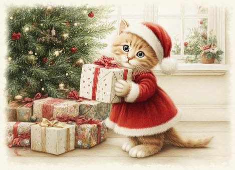 Gato, Presentes, Árvore De Natal