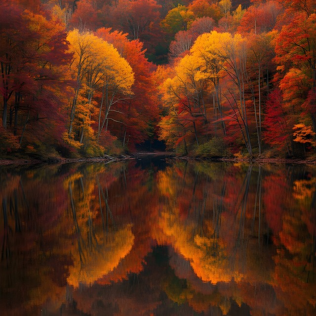 Herbst, Laub, Bäume, Wald, See, Wasser
