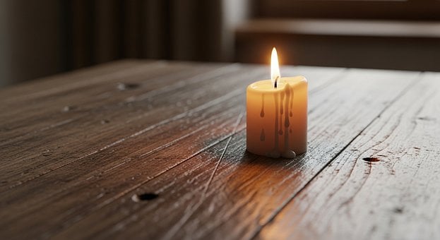 Vela Encendida, Mesa De Madera