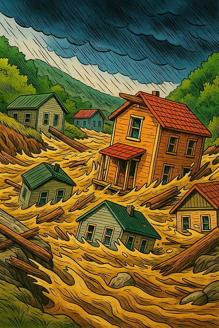 Free comic style riverbed houses natural disaster illustration