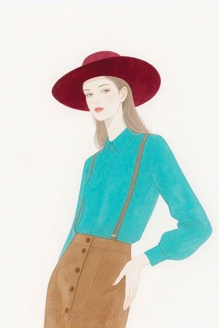Free ai generated burgundy hat turquoise blouse illustration
