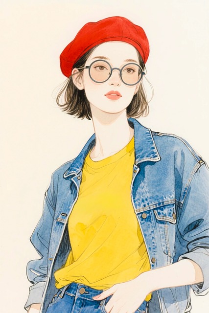 Free fashion illustration red cap denim jacket illustration