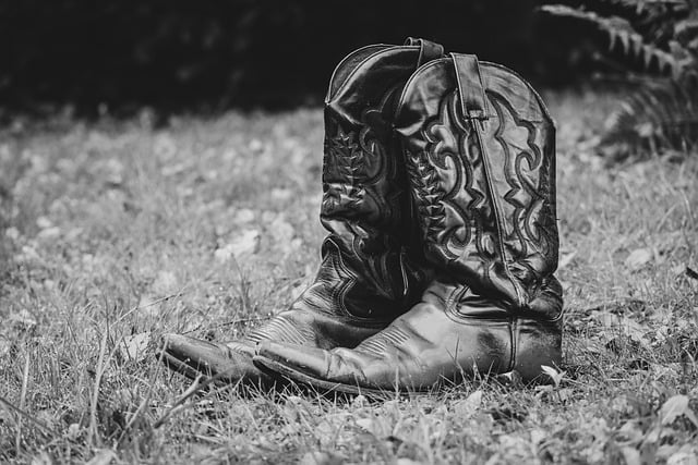 cowboy boots, boots, leather boots, leather, shoes, old, retro, black-and-white, black and white photo