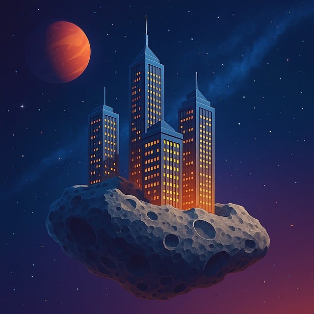 Free space asteroid skyscraper illustration
