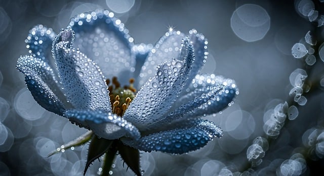 Free ai generated blue flower dew drops illustration