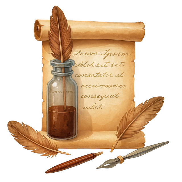 Free old scroll feather quill ink bottle writing illustration