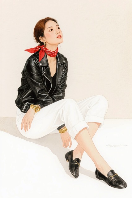 Free ai generated watercolor girl black leather jacket illustration