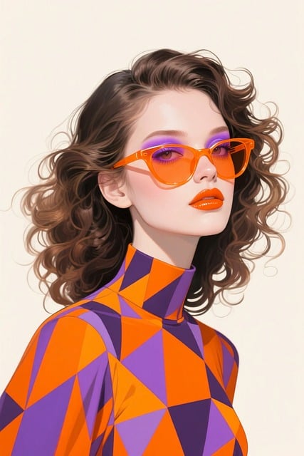 Geometrische Mode, Orange-Lila Outfit