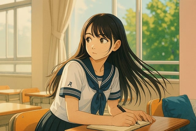 Free anime style cute girl school uniform illustration