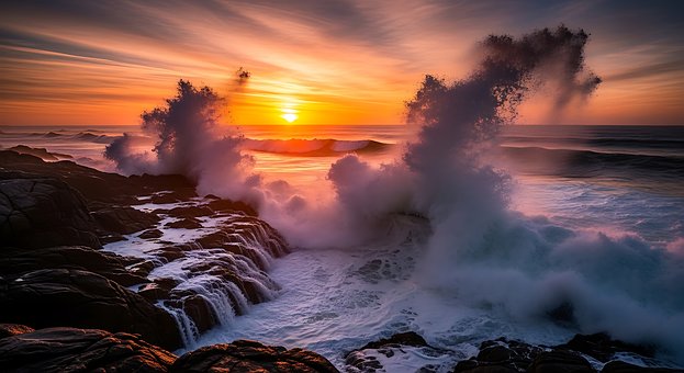 Oceano, Ondas, Pôr Do Sol, Mar, Natureza