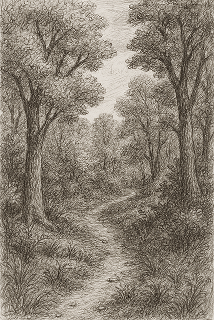 Skog, Sti, Trær, Tegning, Natur, Skygge