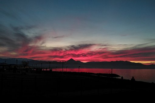 Rød, Himmel, Skyer, Solnedgang, Hav