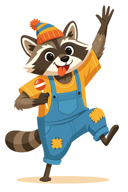 Raccoon, Dancing, Overalls, Beanie
